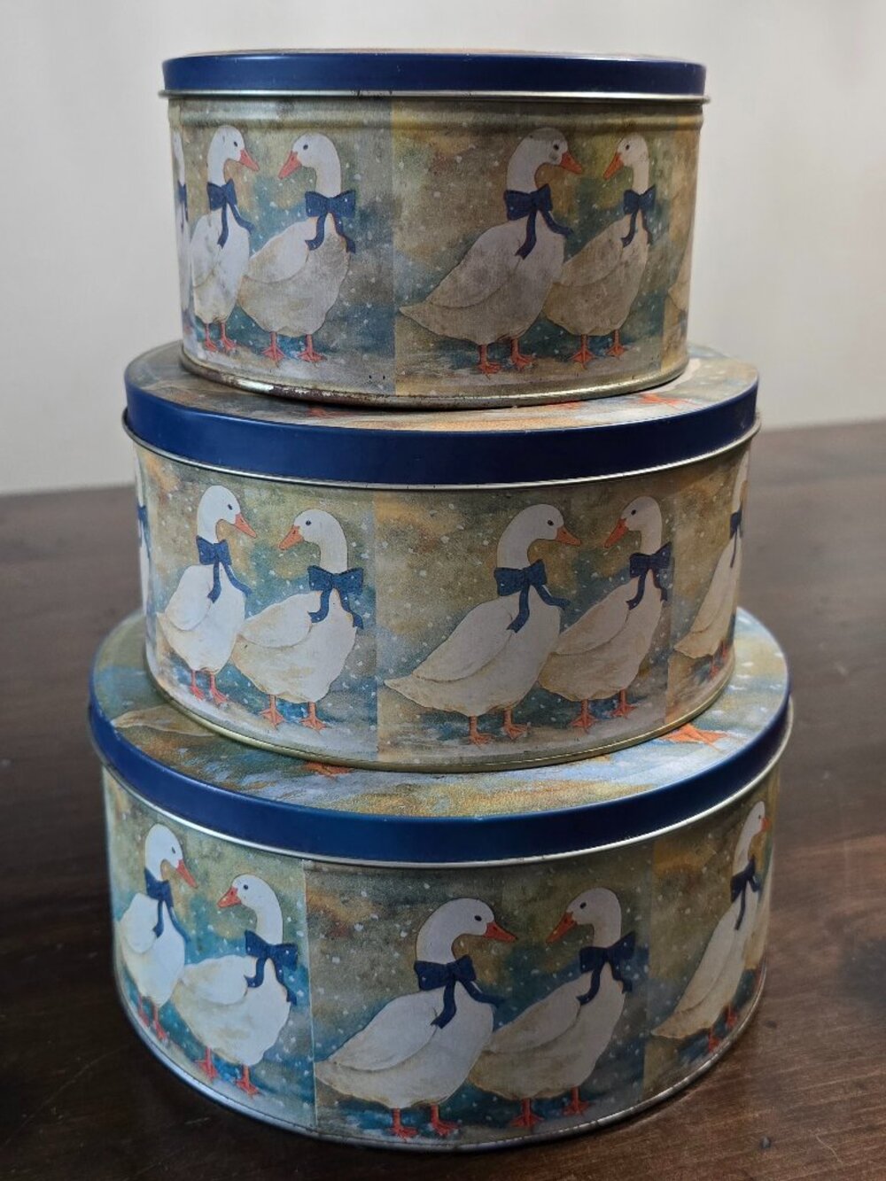 Vintage 80s Blue Ribbon Geese Nesting Tins Set of 3